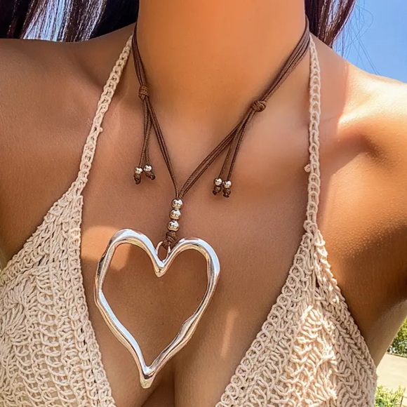 FP “ Natural Hearts “ Long Hammered Heart Necklace Coated Leather Cord c… - Picture 5 of 5